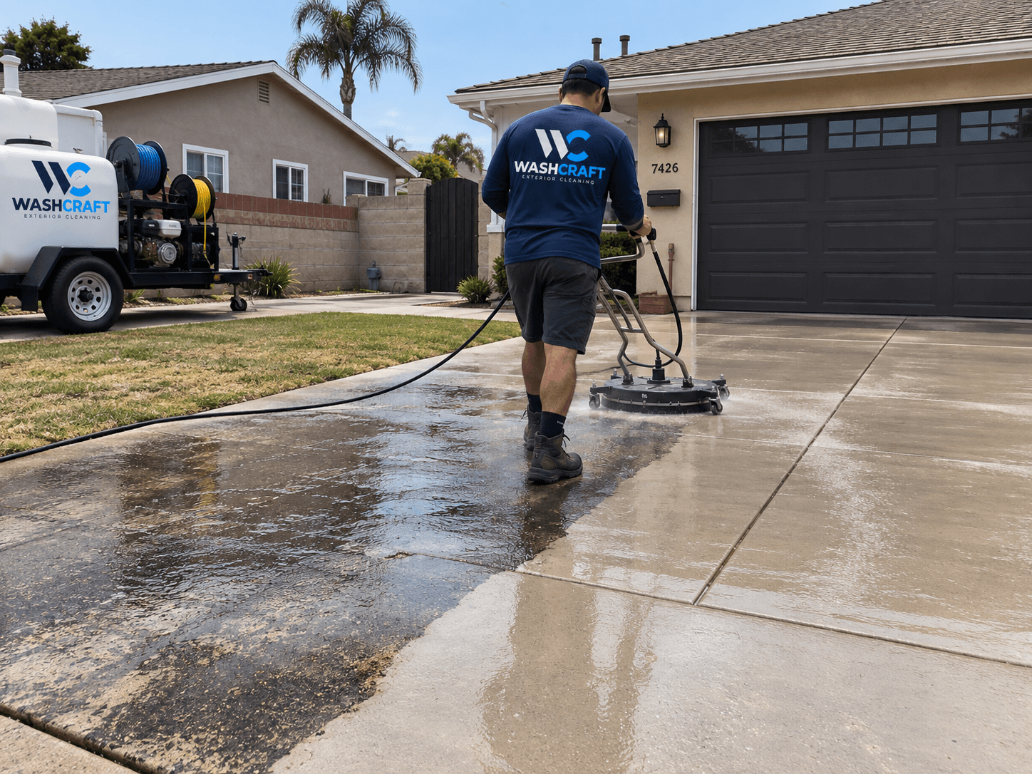 WashCraft technician cleaning a concrete driveway with a surface cleaner