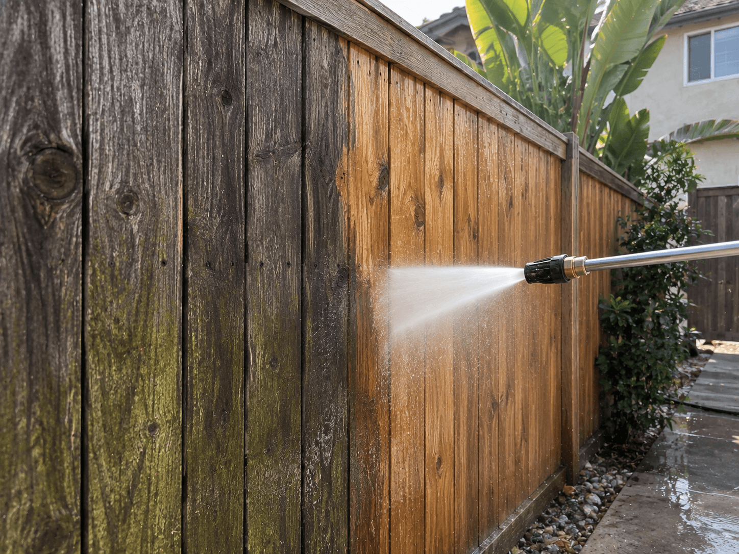 Wood fence mid-clean, showing weathered wood next to restored wood