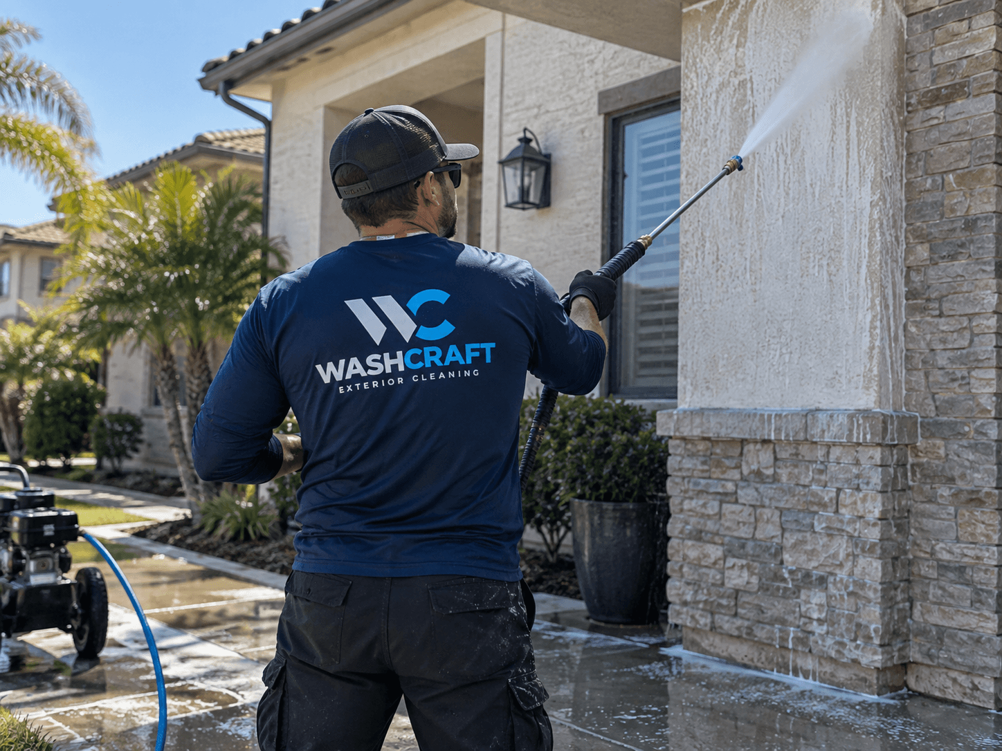 WashCraft technician soft-washing a two-story stucco home in San Diego County