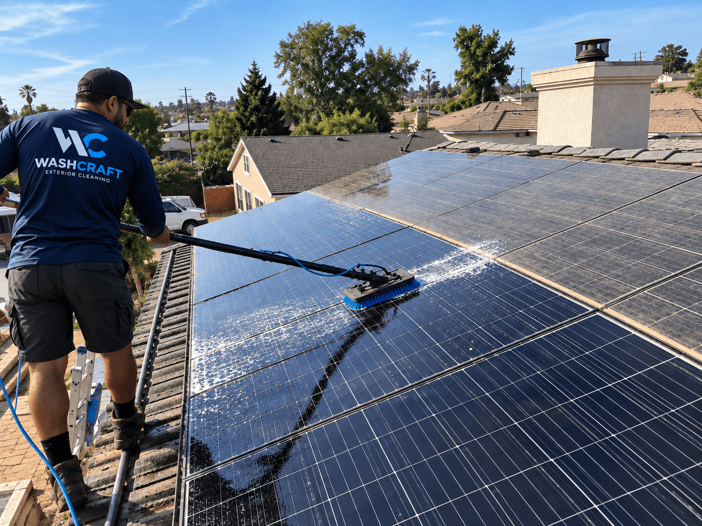 WashCraft technician cleaning rooftop solar panels