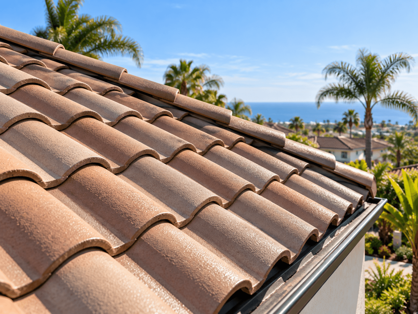 Close-up of a cleaned clay tile roof overlooking the San Diego coastline